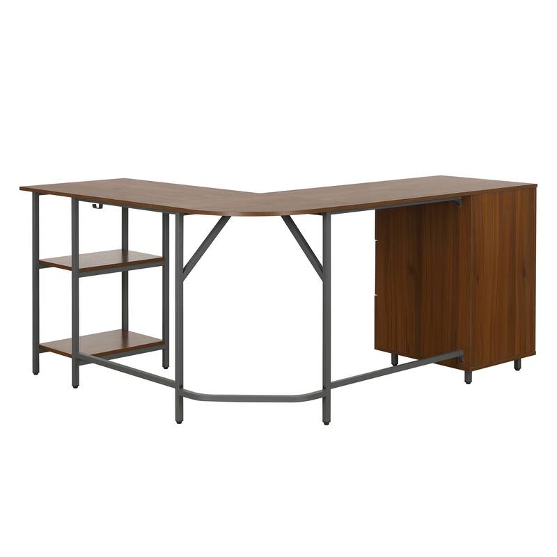 L-Shape Home Office Two Tone Desk with Storage, Walnut