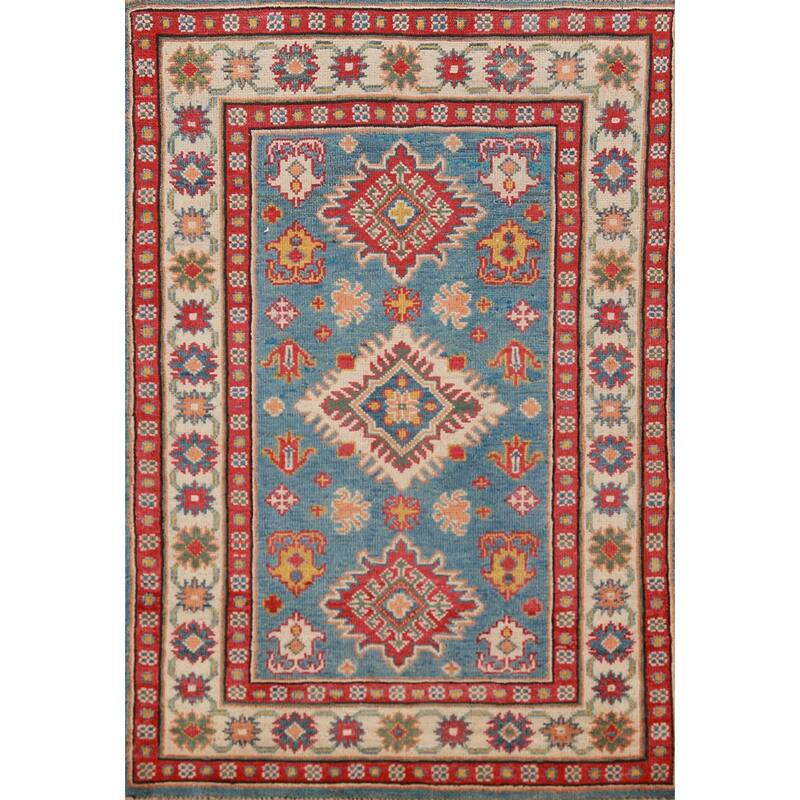 Kazak Foyer Rug Handmade Traditional Blue Wool Carpet - 2'10"x 4'1"