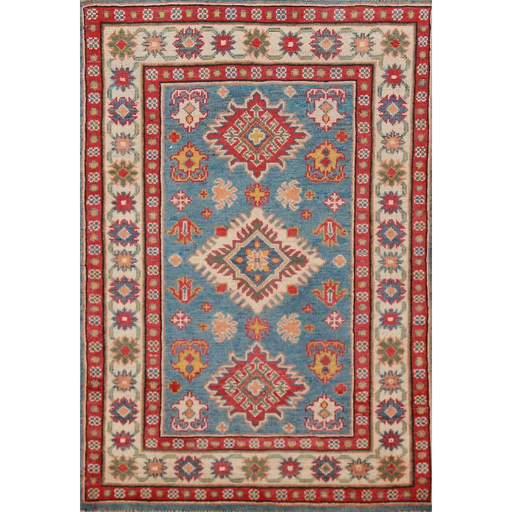 Kazak Foyer Rug Handmade Traditional Blue Wool Carpet - 2'10"x 4'1"