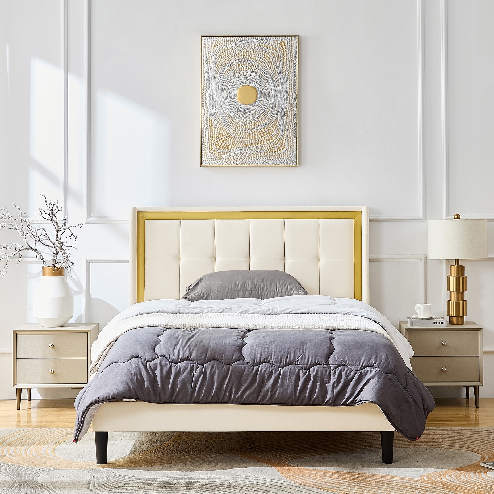 Modern Glam Platform Bed with Upholstered Headboard and Slat Support for Bedroom