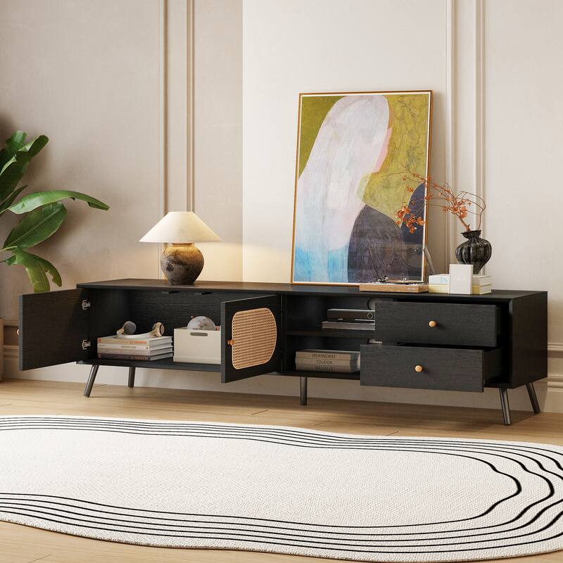 70" TV Stand for TVs up to 80 Inches, Mid Century Modern Entertainment Center with Rattan Doors, 2 Drawers, and Open Shelf