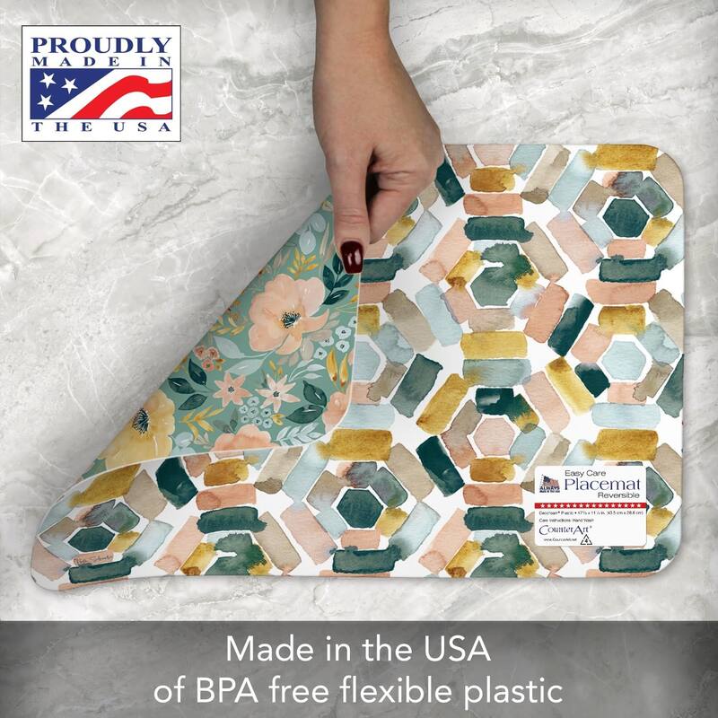 Modern Floral 4 Pack Reversible Easy Care Flexible Plastic Placemats Made in The USA BPA Free Easily Wipes Clean