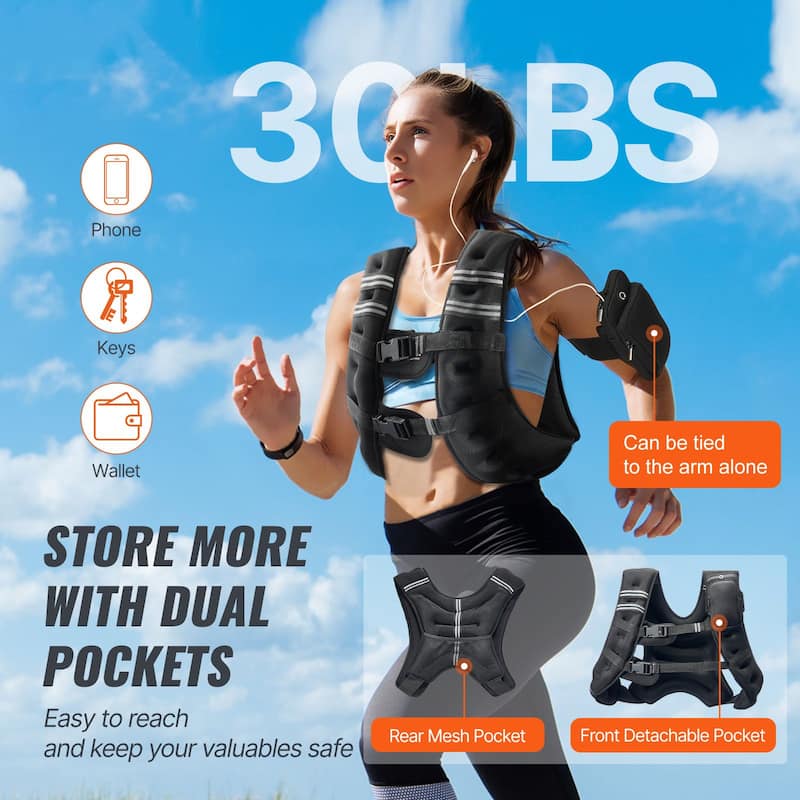 Black Neoprene Weighted Vest 30lbs with Pockets and Reflective Strips