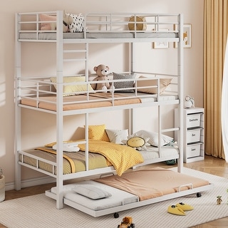 Antique White Metal Triple Bunk Twin Size Beds with Trundle Bed