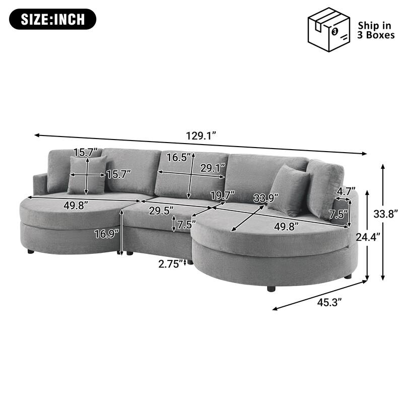 Roomfitters Modern Curved 3-Seater Sofa Couch with Throw Pillows, 129 Inch Wide
