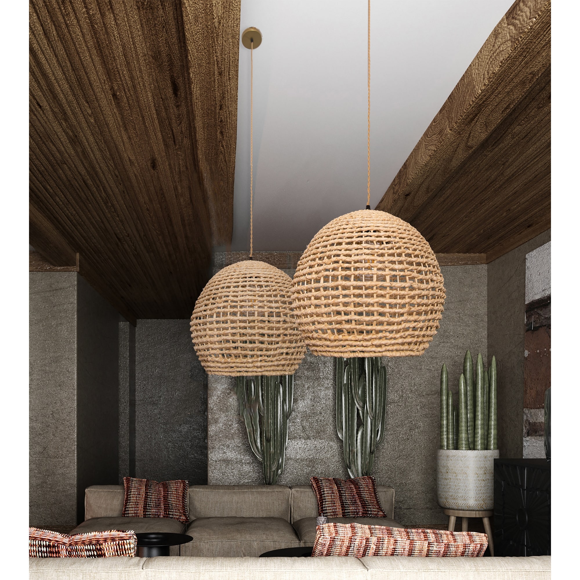 Round Rattan Hanging Light handwoven Bamboo Pendant Light 14 Wide Beige