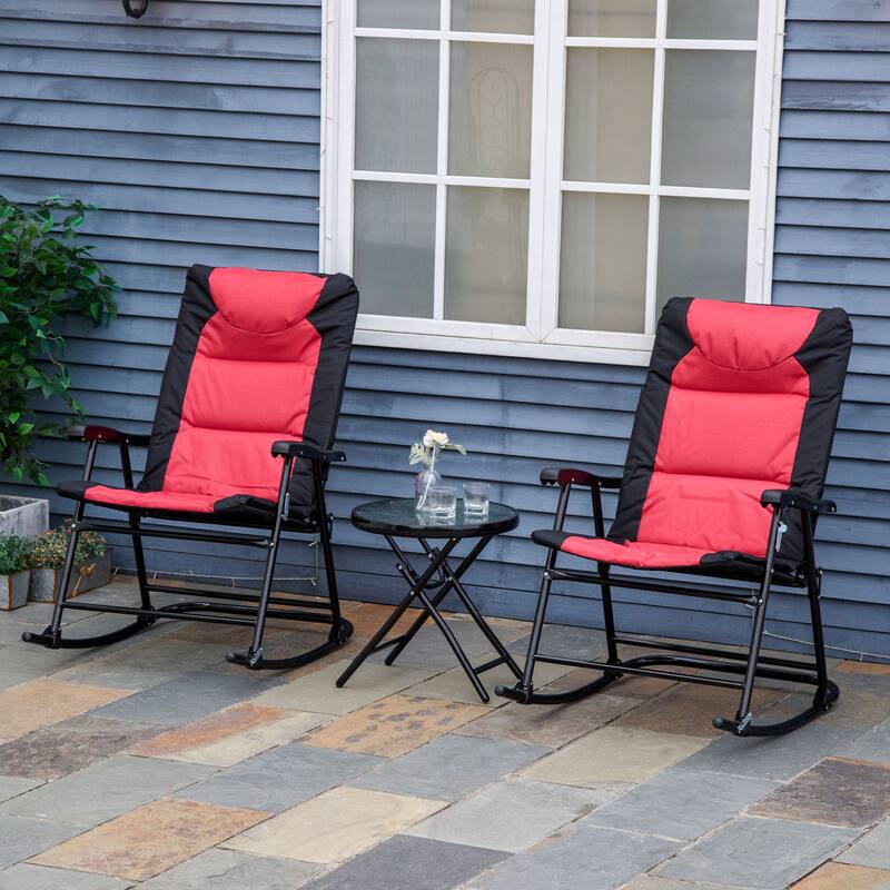 3 Piece Outdoor Patio Furniture Set with Glass Coffee Table & 2 Folding Padded Rocking Chairs for Porch, Camping, Balcony