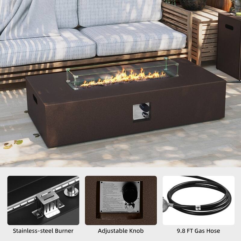Patio Watcher Outdoor 56in. Rectangular Iron Fire Pit Table with Propane Tank Cover and Glass Wind Guard