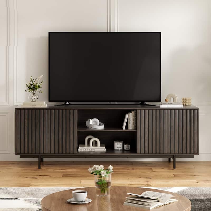 Retro Wooden TV Stand for TVs Up to 75", Fluted Media Cabinet with Storage and Shelf - Natural Walnut