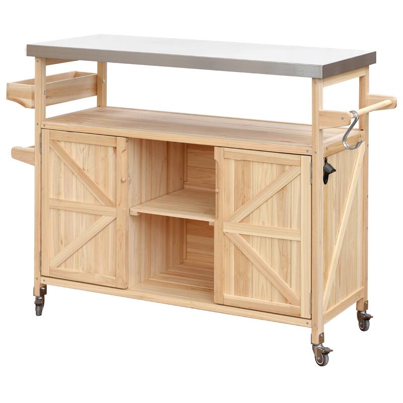 Outdoor Kitchen Island, Rolling Bar Cart & Storage Cabinet, Solid Wood Outdoor Grill Table with Stainless Steel Top
