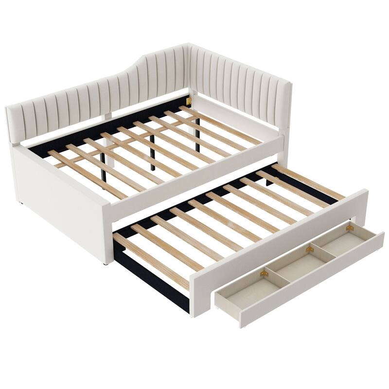 Upholstered Linen Bed Frame, Full Size Daybed with Pull-out Trundle and Storage Three Drawers for Bedroom/Apartment
