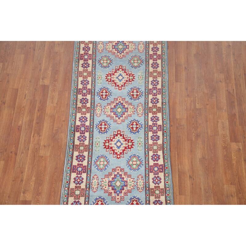 Hand Knotted Oriental 100% Wool Carpet Traditional Geometric Navy Blue & Blues Kazak Runner Rug - 6' 6'' X 2' 9''