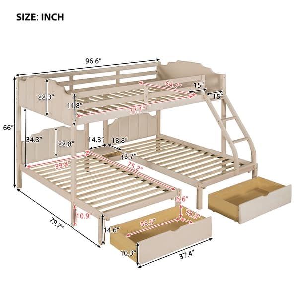 dimension image slide 1 of 2, Velvet Triple Bunk Bed, Full Over Twin & Twin Wood Triple Bunk Beds with 2 Storage Drawers, Stairs, Sturdy Guardrails for 3 Kids