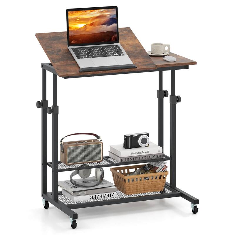 Mobile Standing Desk Adjustable Computer Desk w/Tilting Desktop - Rustic Brown + Black