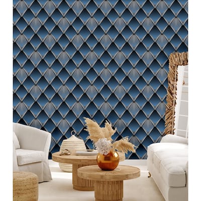 Dark Blue Silver Triangle 3D Geometric Lustrous Embossed Art Deco Wallpaper - Double Roll