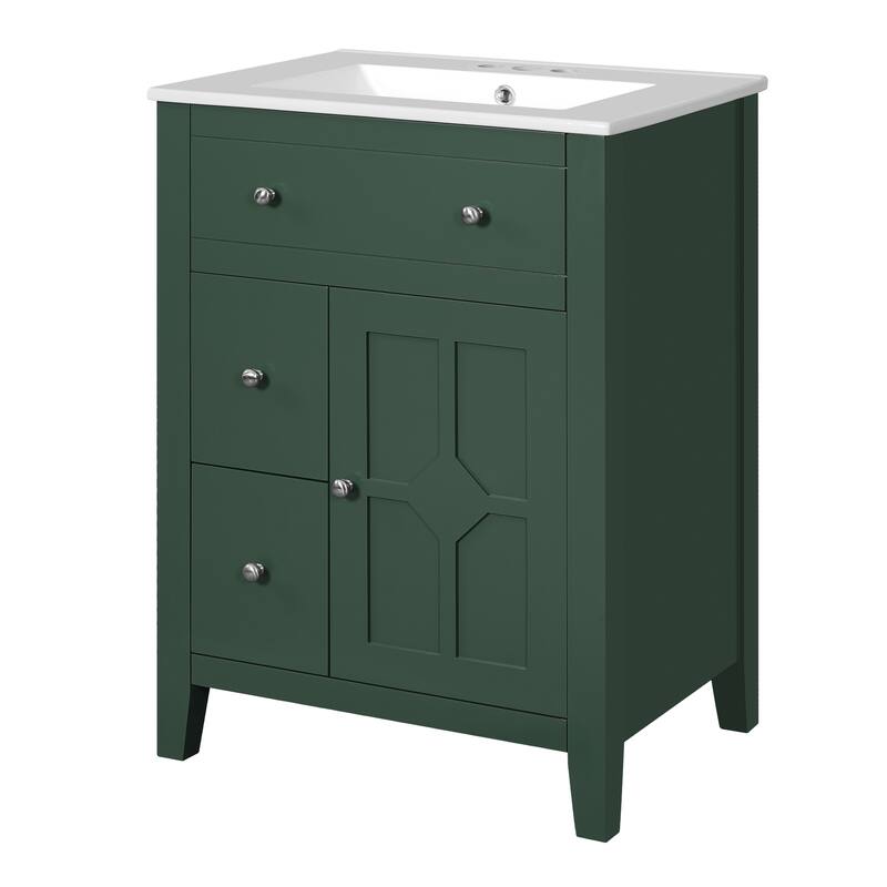 24" Bathroom Vanity with Ceramic Basin, Restroom Basin Cabinet with 2 Drawers, Small Bathroom Cabinet with Soft-Closing Door
