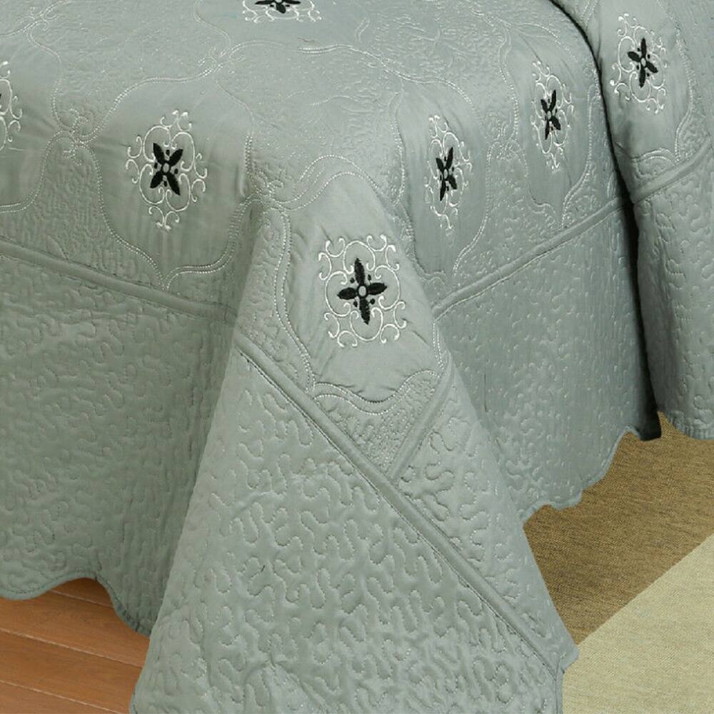 3Pcs Embroidery Quilts Bedspreads Set Coverlet Oversized Queen Grey
