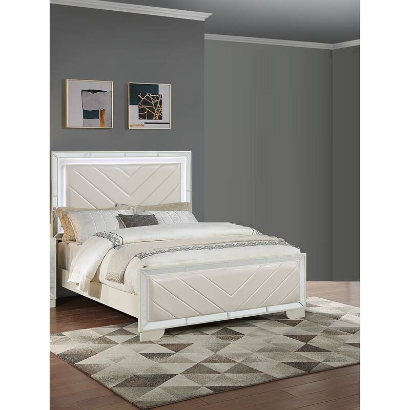 Transitional Style 1pc Bed Set Upholstered Headboard And Footboard LED Lights Cream Finish Bedroom Furniture