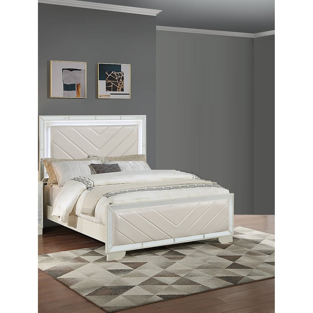Transitional Style 1pc Bed Set Upholstered Headboard And Footboard LED Lights Cream Finish Bedroom Furniture