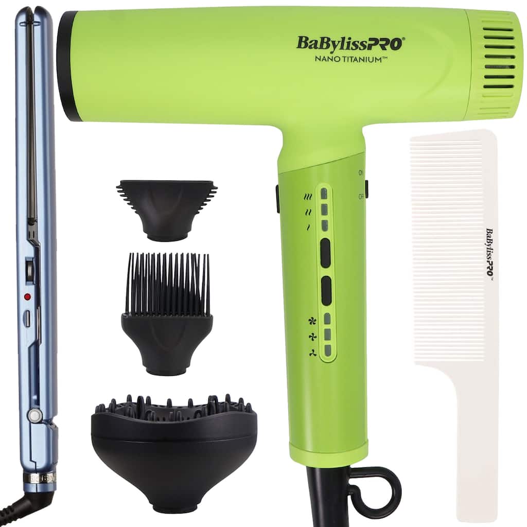 BaBylissPRO Nano Titanium Light Ionic High Speed Hair Dryer -Neon Yellow + Nano Titanium 1" Ultra-Thin Straightening Iron + Comb