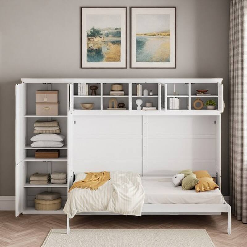 Queen Size Murphy Wall Bed with Cabinets, Space-Saving Design, Integrated Storage with Wardrobe & Drawers, Easy Assembly - White