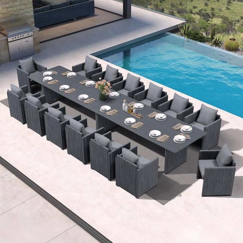 PURPLE LEAF Sanori Patio outdoor Dining Set Modern Large Weather-Resistant Aluminum for Garden Backyard Kitchen - 15-Piece Rectangle