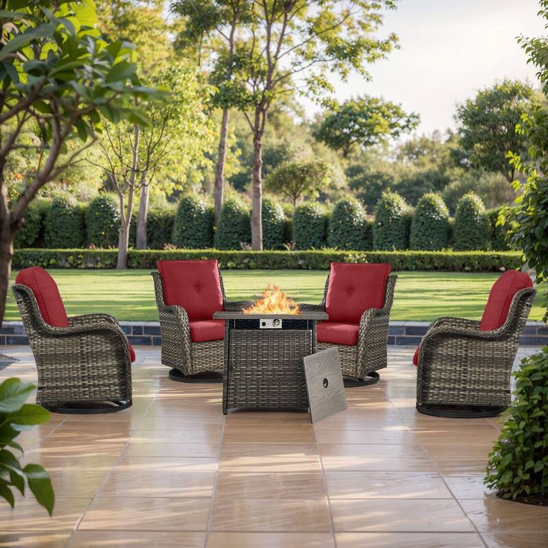 Gymojoy 5-Piece Outdoor Wicker Patio Furniture with Fire Pit Table, Rattan Coversation Set with Water Resistant Thick Cushions - Grey Wicker / Red Cusion - 5-Piece