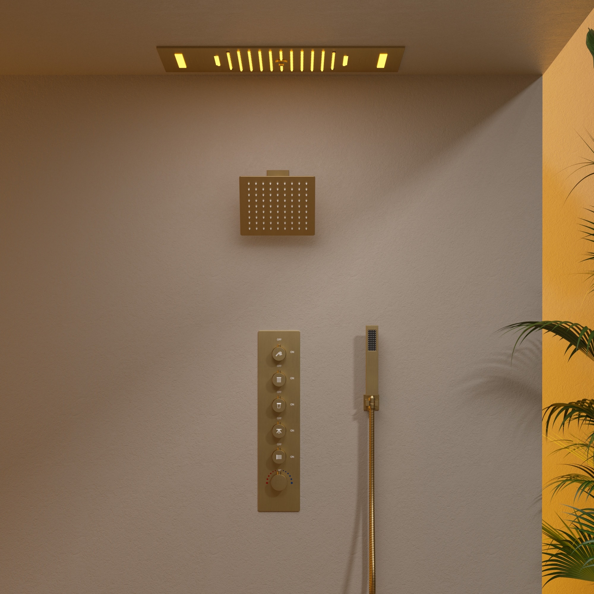 GRANDJOY Dual Shower Heads System with 3 Spray Modes 22"*15" Ceiling and 6" Wall Mount Body Jets Handheld Spray LED Music