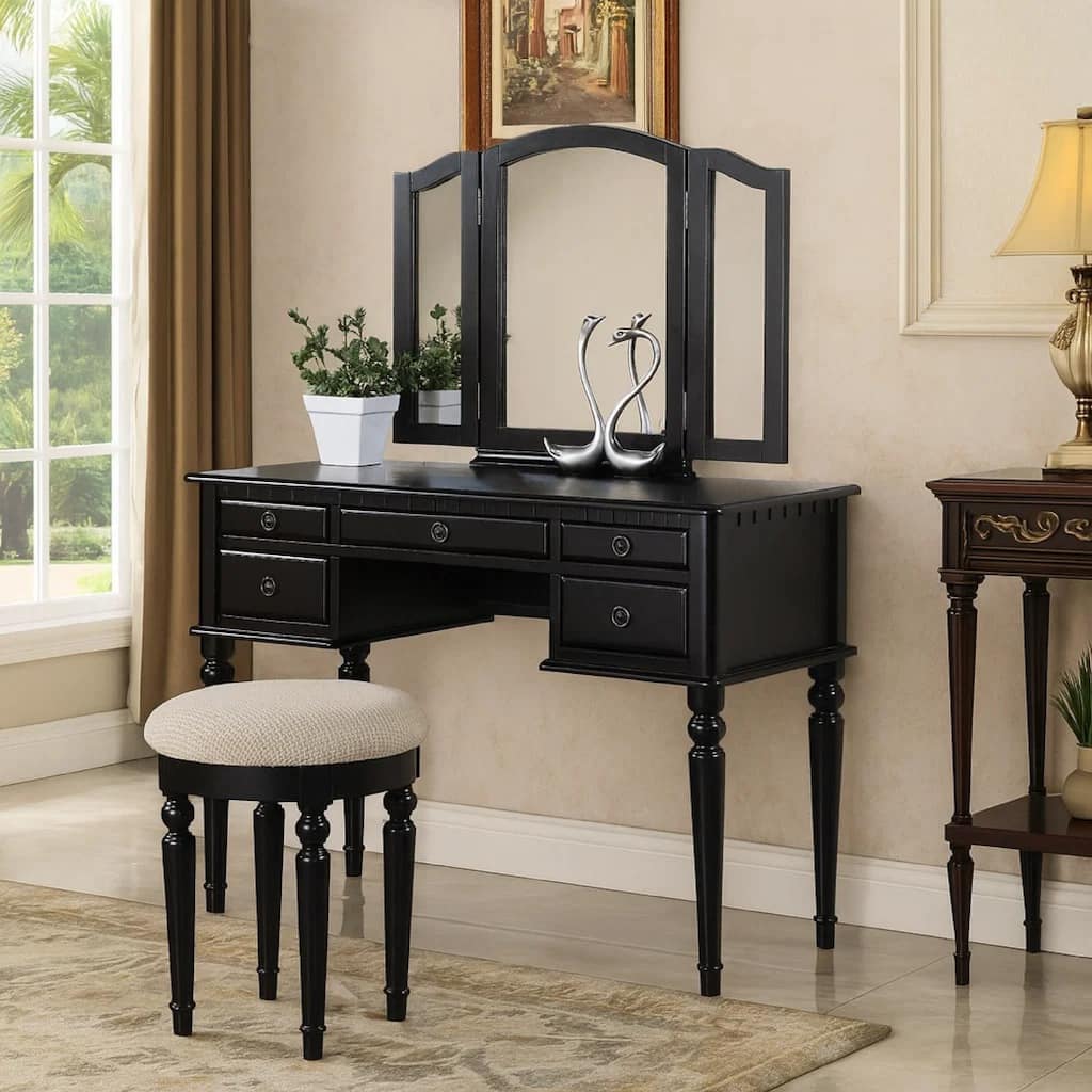 Commodious Vanity Set Featuring Stool And Mirror Black