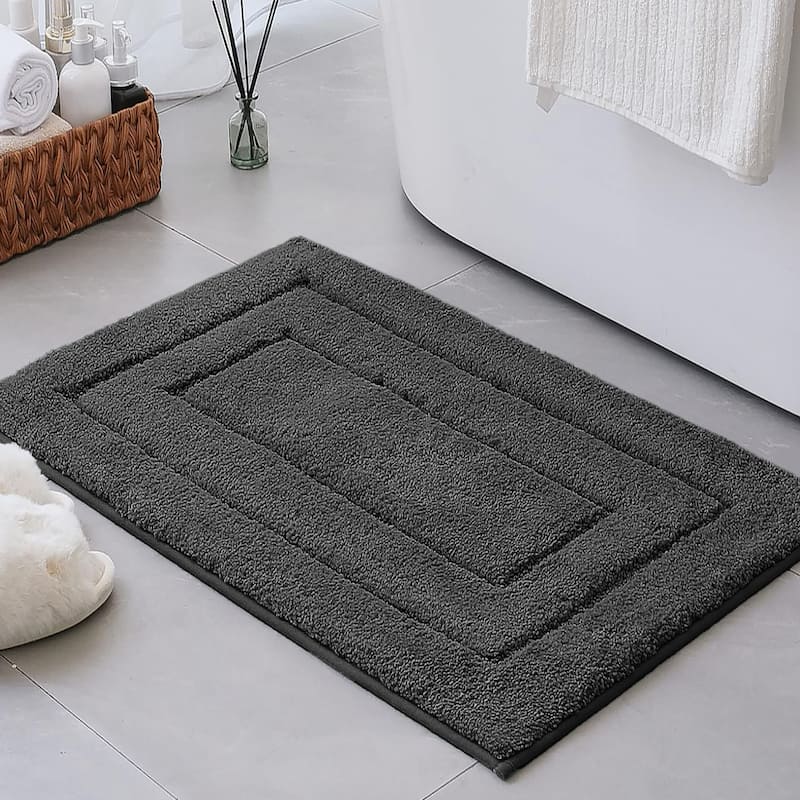 Charcoal 2 Piece Bordered Box Plush Soft Cozy 100% Polyester Bath Mat Set