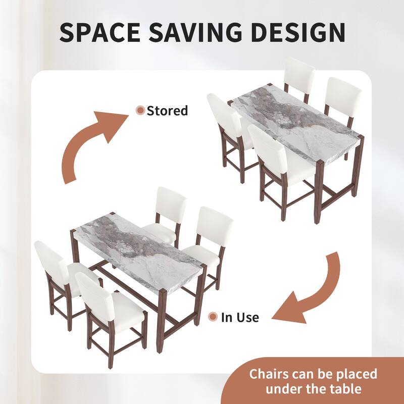 Mid-Century 5-Piece Pub Dining Set with Faux Marble Bar Table and 4 Linen Chairs, Ideal for Kitchen or Small Spaces