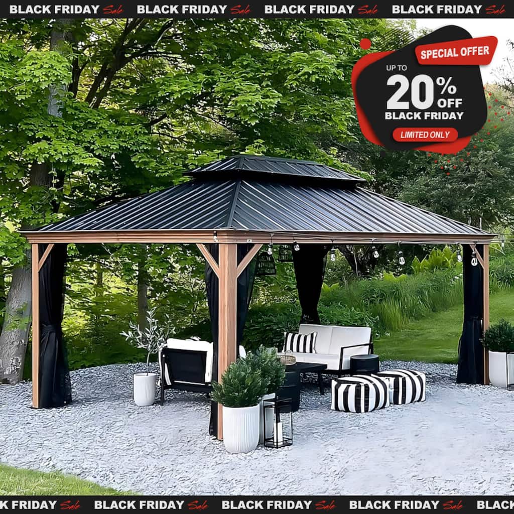 PURPLE LEAF Hardtop Gazebo Galvanized Steel Roof Gazebo Pergola w Wooden Coated Alumninum Frame and Mosquito Net