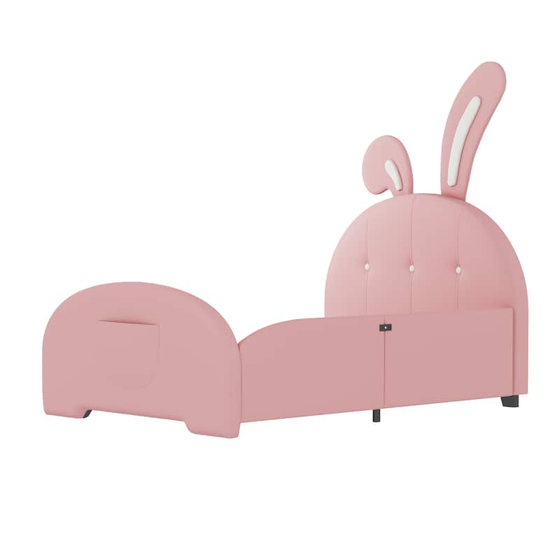 Twin Size Platform Bed with Rabbit-Shape Headboard Pocket