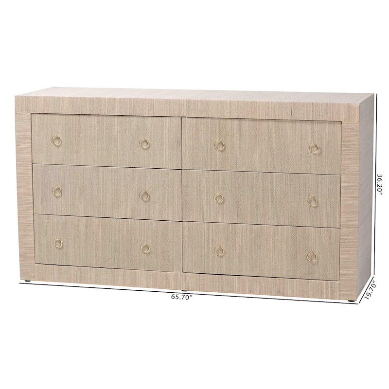 Sage Natural Grasscloth Dresser - 6-Drawer Bedroom Storage Cabinet with Gold Ring Pulls, Modern Coastal Chest of Drawers