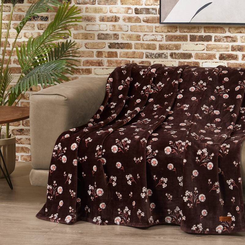 Lucky Brand Daisy Plush Throw Blanket - 90"x90" Queen - Brown