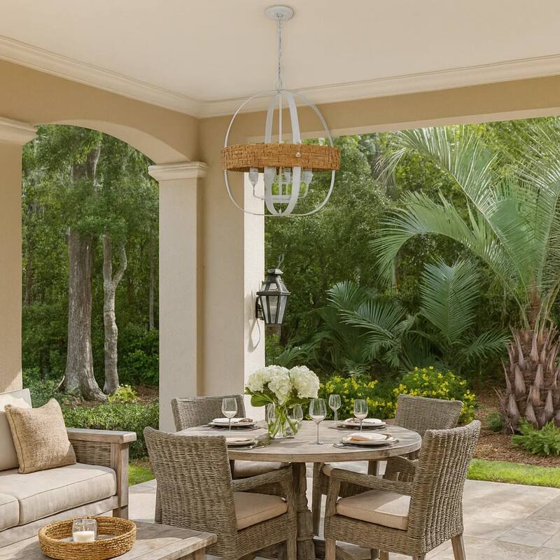 Baty Chandelier, 4 Light Rustic Rattan Round, White Metal 21 Inch