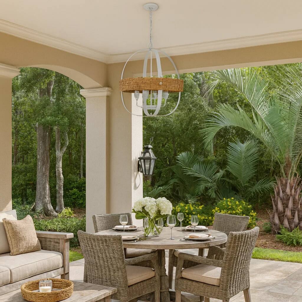 Baty Chandelier, 4 Light Rustic Rattan Round, White Metal 21 Inch