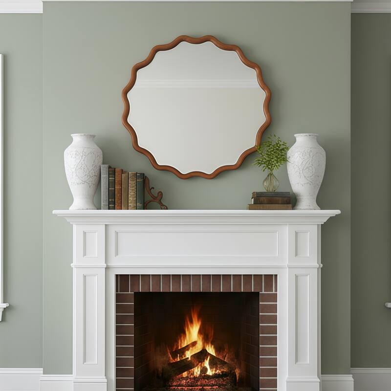 Yellowish Brown Wavy Round Solid Wood Decorative Mirror - Bedroom, Bathroom, Living Room - Yellow Brown