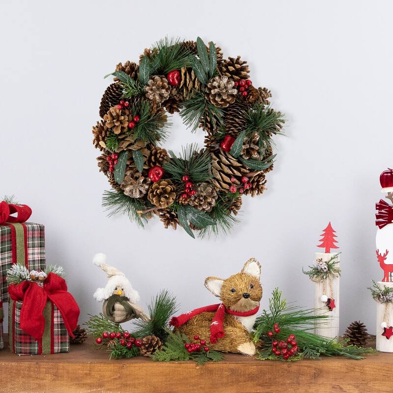 Green Mixed Foliage Apple Artificial Christmas Wreath, 13.75", Unlit