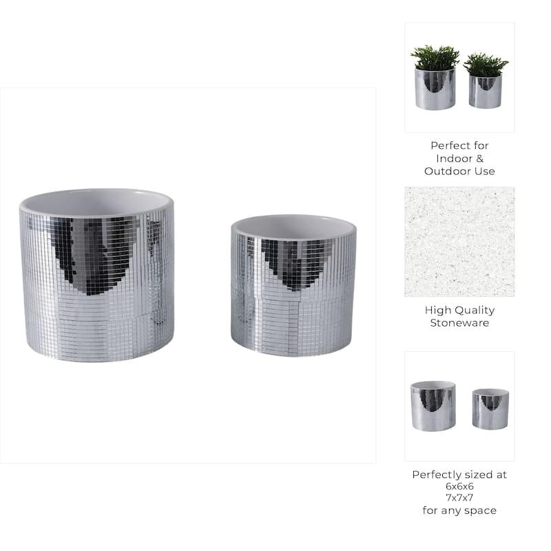 Stoneware Mirrored Tile Metallic Planters (Set of 2) - 7", 6" Silver - 7" x 7" x 7"
