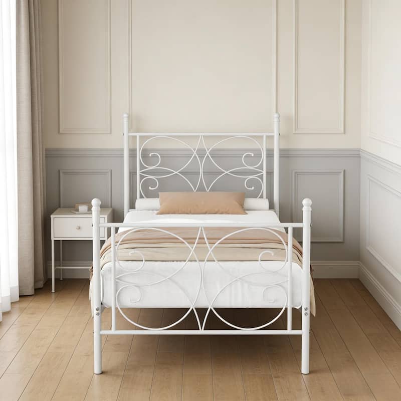 VECELO Metal Bed Frame with High Headboard and Footboard Platform Beds with Heavy Duty Mattress Foundation - White - Twin