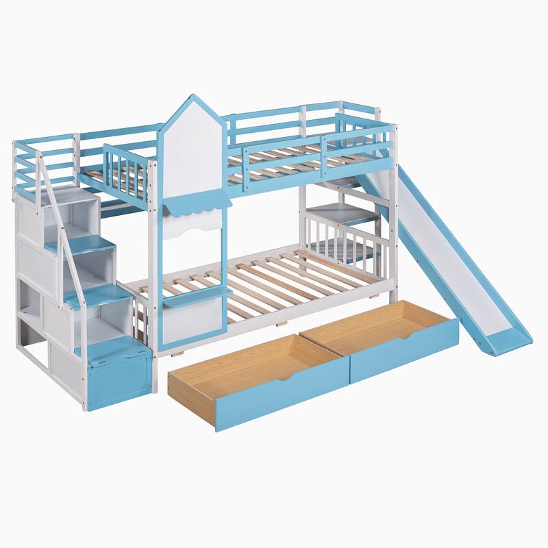 Twin-Over-Twin Wood Bunk Bed with Drawers, Shelves and Slide