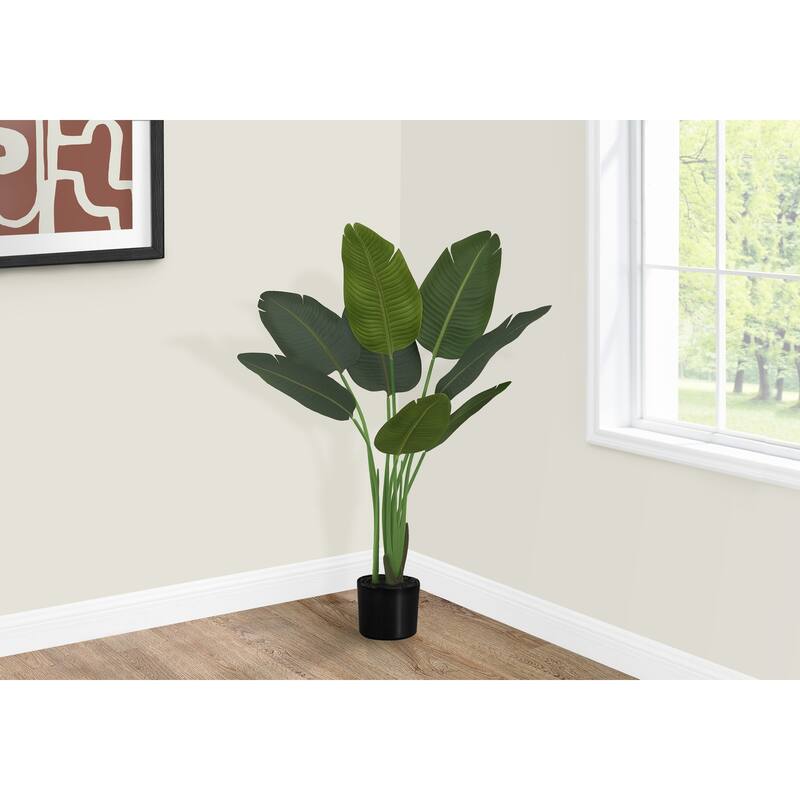 Artificial Bird of Paradise Plant 44 Inch Tall with Lifelike Green Leaves in Black Pot - Faux Floor Tree Decor