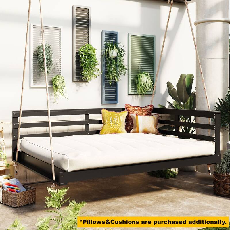 Durable Acacia Wood Porch Swing Bed with Hemp Ropes for Patio and Garden