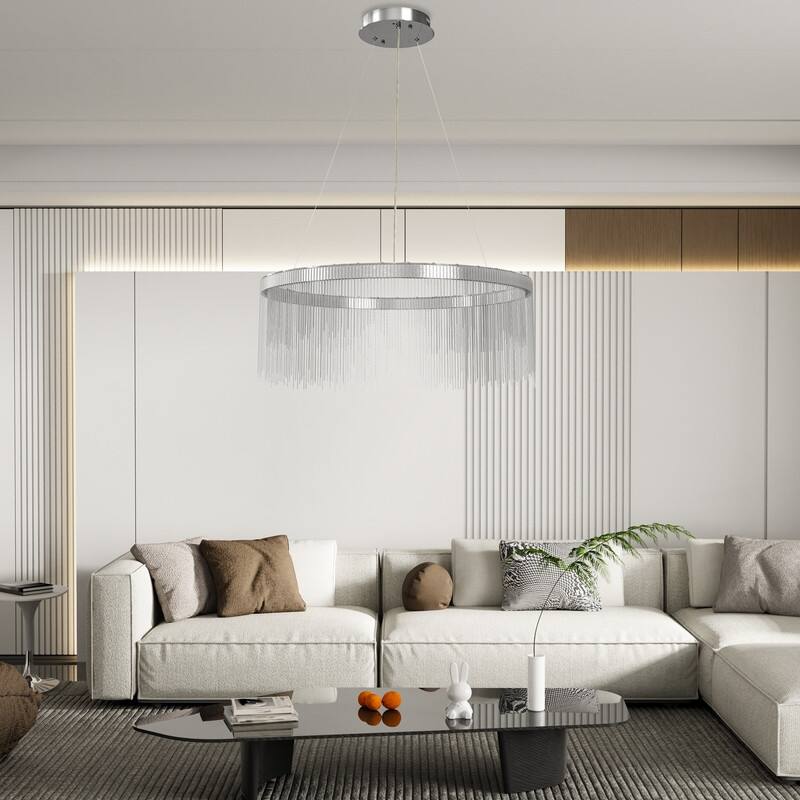 Aluminum Tassel Linear Chandelier Round Ceiling Pendant Lighting Fixture Over Dining Table, Kitchen Islands, Entryways