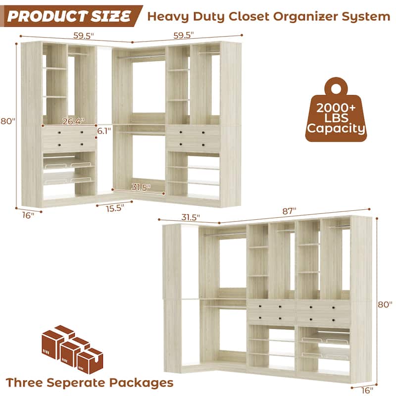 Set of 2/ 3 Coner Closet System with Shoe Racks and Drawers, Freestanding Closet Organizer with Hanging Rods and Shelves