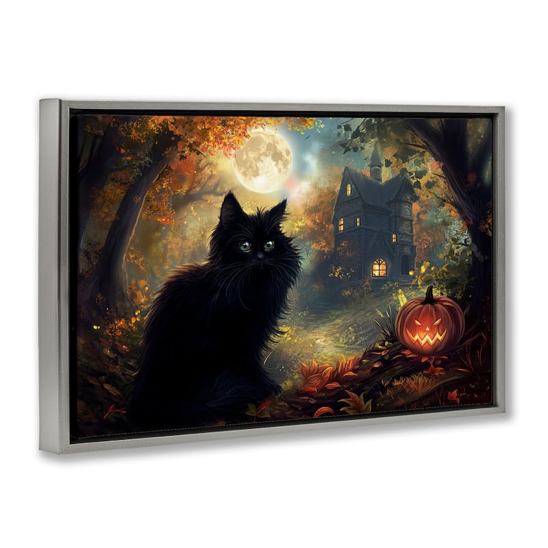 Stupell Black Cat & Haunted Mansion Framed Floater Canvas Wall Art Design By Wumples