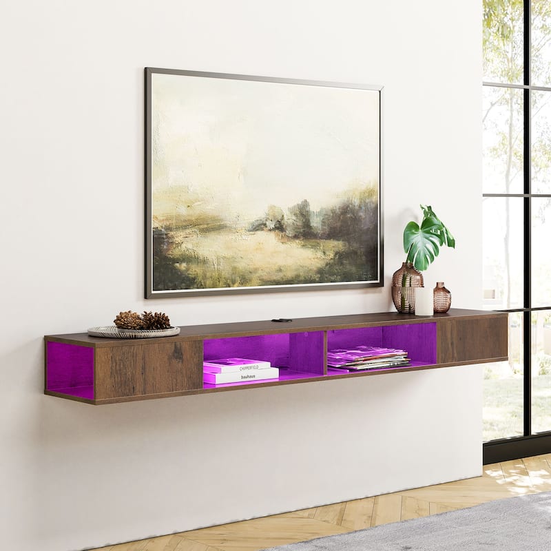 Floating Wall Mounted TV Stand with Storage, Brown, 70 Inch - Brown&RGB Lights