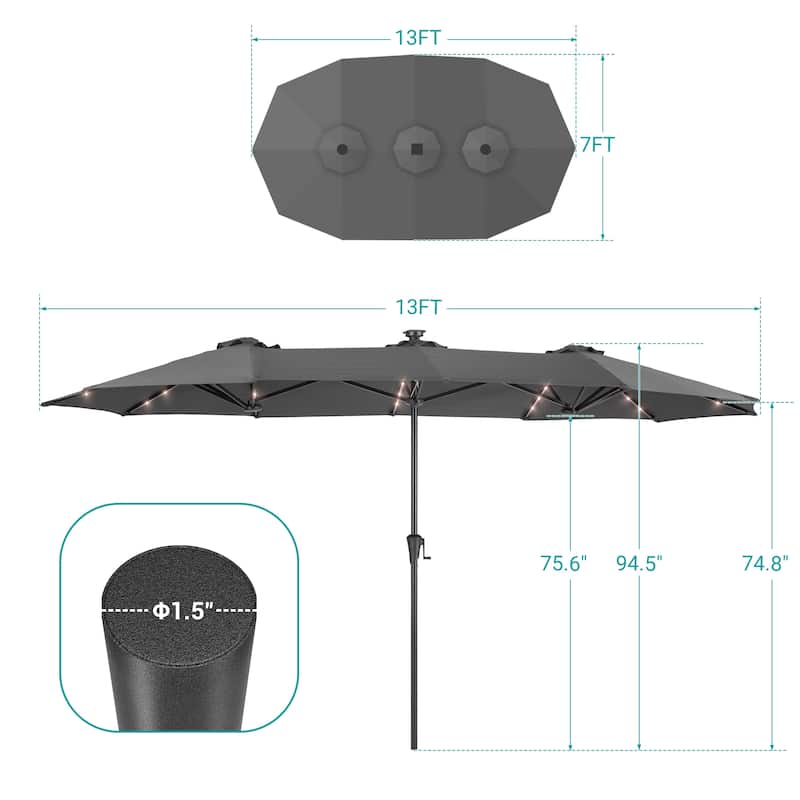 BONOSUKI 13 x 7.2ft Solar-Powered LED Double-Sided Patio Umbrella with Large Canopy Outdoor Table Umbrella for Garden, Navy Blue