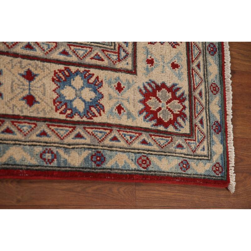 Red Geometric Kazak Living Room Area Rug Hand-Knotted Wool Carpet - 6'7" x 10'1"